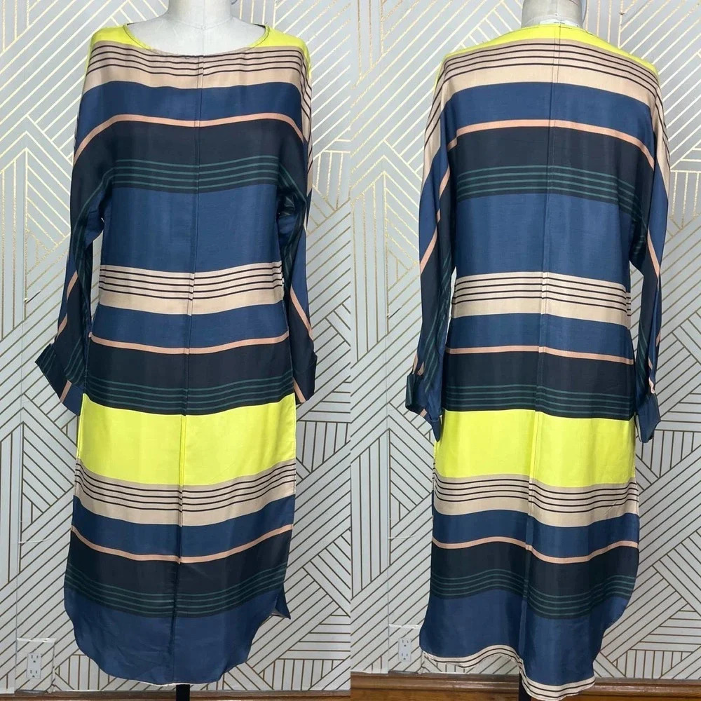 Apiece Apart Long Tunic Top Side Slits Coverup Colorful Striped Navy Blue Size 0